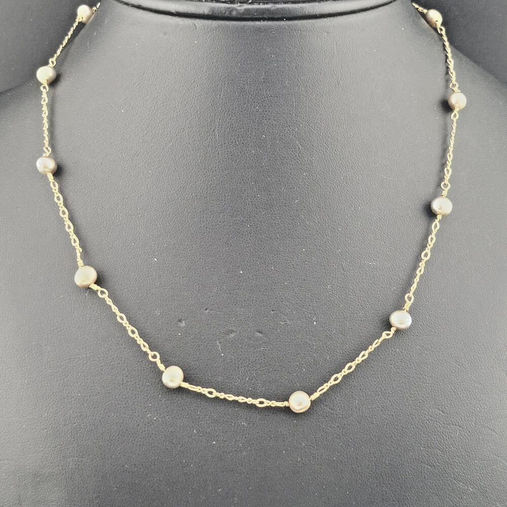 Delicate Gold-Plated Oval Link Chain Gray Cultured Floating Pearl 18" Necklace